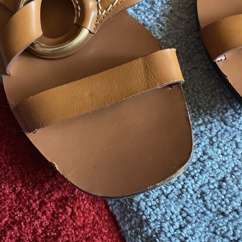 Chloé Cognac Leather Slide Sandals with Gold Ring Accent - Picture 2 of 5